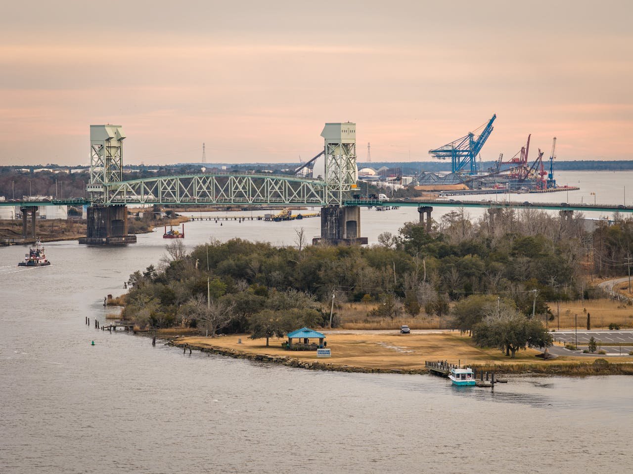 Scenic view of Cape Fear Memorial Bridge and surrounding areas in Wilmington, North Carolina.